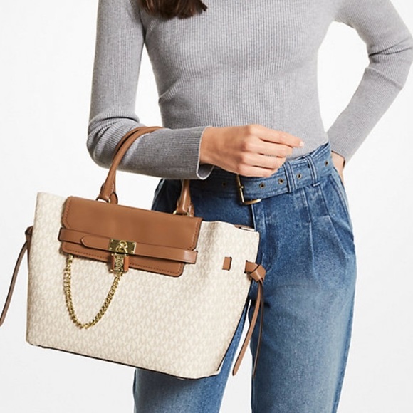 Authentic‎ Michael Kors Hamilton Legacy Large Logo Belted Satchel Vanilla/Acorn - Picture 2 of 8